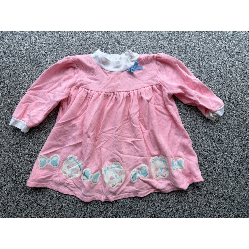 Vintage Pink Teddy Bear Graphic Long Sleeve Mock Neck Knit Dress Kids Baby